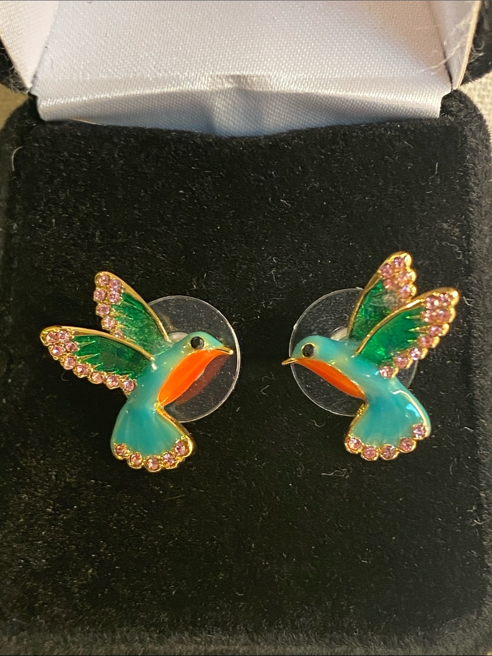 Sparkly Enamel Hummingbird Stud Earrings Pink Rhinestone Gold Tone